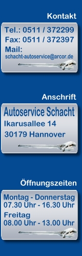 Gnstige Autowerkstatt in Hannover. Die freie Kfz-Werkstatt |Autoservice Schacht| aus Hannover, bietet gnstige und zuverlssige Reparaturen nahezu aller Marken. Inspektionen, Bremsendienst, Unfallinstandsetzung und mehr.